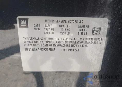 2013 Chevrolet Malibu 1Ls из США, поврежденный, VIN 1G11B5SA6DF205545